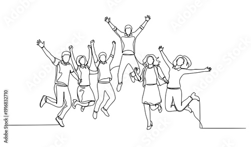 Jumping office friends one line drawing teamwork success vector