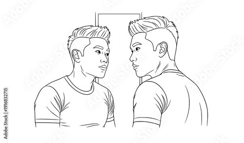 Self reflection and vanity concept man line art vector illustration