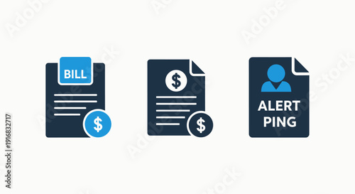 Modern financial document and billing alert icons in a clean, flat design, representing invoices, payment reminders, and user notifications for business and personal finance apps.