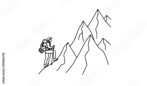 Mountain hiking adventure outline traveler vector illustration