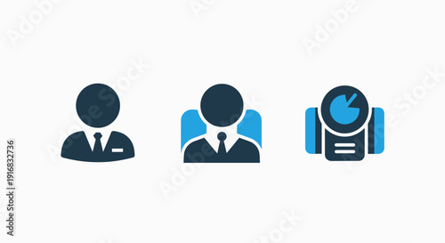 Business user profile and data analysis icons featuring a professional businessman avatar with a chart and report, ideal for corporate management and analytical applications.