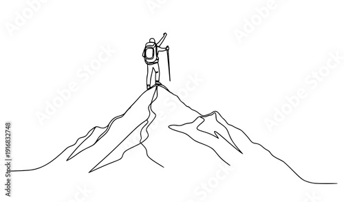 Hiking trip to mountain top continuous line art traveler vector