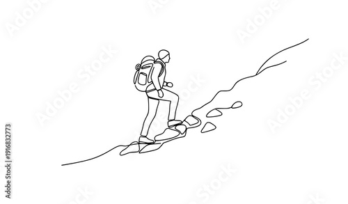 Traveler hiking to mountain peak line art black and white vector