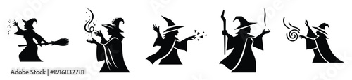Collection of Happy Halloween witch casting spell silhouette icon set. Vector illustration on white background.