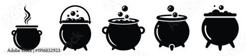 Collection of Happy Halloween witch cauldron silhouette icon set. Vector illustration on white background.