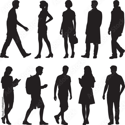 Collection of diverse people silhouettes walking and standing in various poses