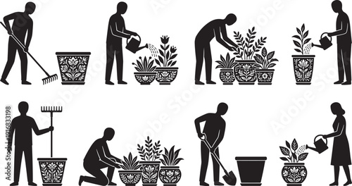 Gardening people silhouette collection, planting watering raking digging caring for potted plants home garden vector