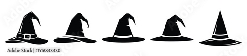 Collection of Happy Halloween witch hat silhouette icon set. Vector illustration on white background.