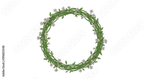 Circular wreath made of green tangled vines and delicate white wildflowers with yellow centers for a rustic and natural decorative border design.
