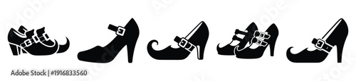 Collection of Happy Halloween witch shoes silhouette icon set. Vector illustration on white background.