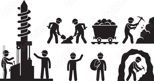 Mining industry worker silhouette set, drilling digging transporting coal underground extraction labor vector
