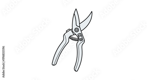 Pair of professional metal garden pruners with a spring mechanism and sharp blades illustrated in a clean technical style for gardening tools.