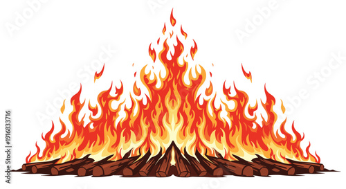 Large blazing campfire with bright orange and red flames rising from a pile of wooden logs on a white background.