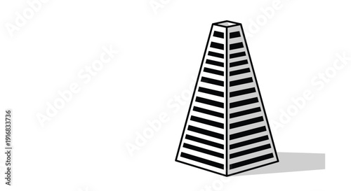 Simple geometric illustration of a pyramid shaped building with horizontal black and white stripes and a shadow.