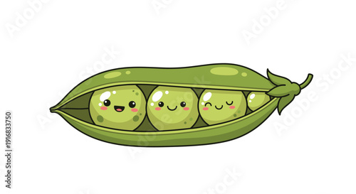 Adorable cartoon illustration of three happy green peas with smiling faces inside an open pea pod on white.