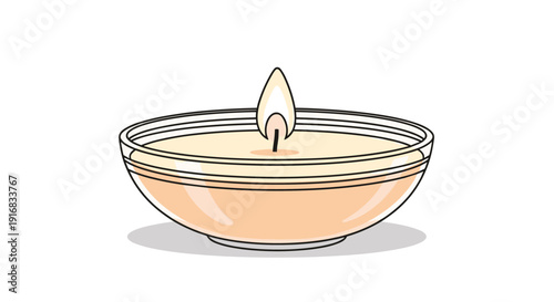 Small candle burning in a clear glass bowl with a warm flame and soft shadow against a clean white background.