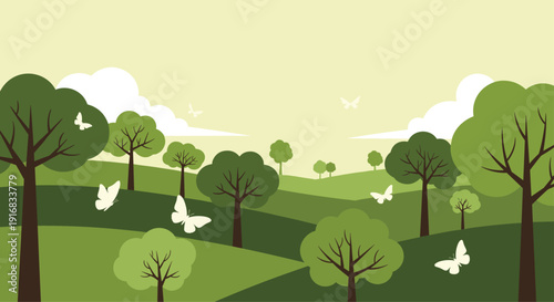 Serene landscape illustration with green rolling hills various trees and white butterflies flying under a pale sky.