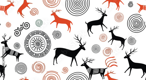 Seamless pattern featuring ancient style drawings of deer and various spiral symbols in black and orange on white.