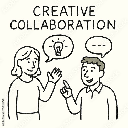 Creative collaboration, two people sharing ideas with lightbulb and speech bubbles, brainstorming and innovation.