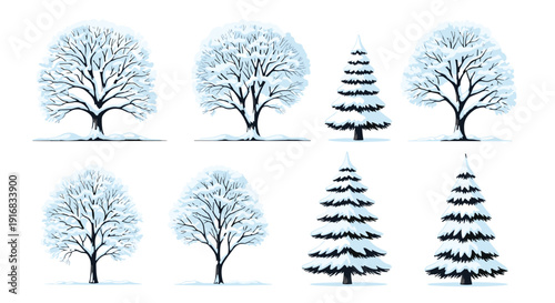 Collection of various trees covered in heavy winter snow depicted in cool blue and white tones ideal for seasonal holiday graphics and cards.