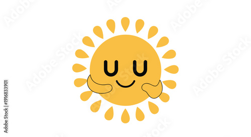 Adorable cartoon sun character with a smiling face closed eyes and small arms reaching out for a warm hug.