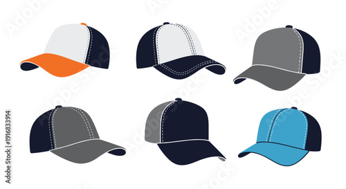 Professional collection of six baseball caps displays different color combinations like orange, navy, gray, and light blue for sport apparel mockups.