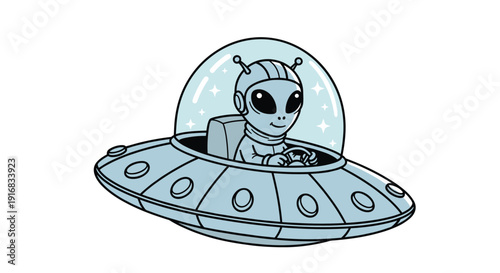 Friendly grey alien pilot sits inside a classic dome shaped flying saucer cruising through space for science fiction and extraterrestrial themes.
