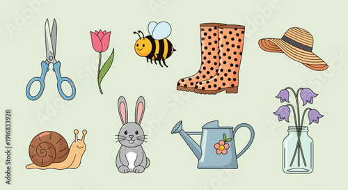 Assortment of gardening icons including polka dot boots, a watering can, a friendly rabbit, and a busy bee celebrates spring and outdoor work.