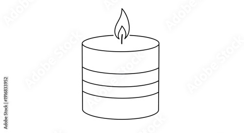 Minimalist line drawing of a sturdy pillar candle features a flickering flame on top providing a symbol of peace, meditation, or light.