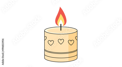 Decorative light yellow pillar candle features embossed heart patterns and a warm orange and yellow flame for romantic or cozy atmosphere art.