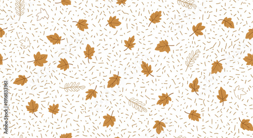 Rustic seamless pattern showcases various types of brown autumn leaves drifting among fine dots and dashes for a fall themed background or fabric.
