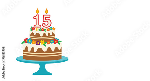 Celebration cake for a fifteenth birthday features two tiers of chocolate and vanilla frosting decorated with colorful flowers and lit candles.