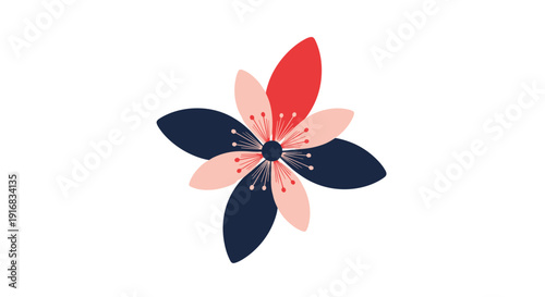 Stylized flower illustration with contrasting dark navy and soft pink petals surrounding a detailed central stamen on white.