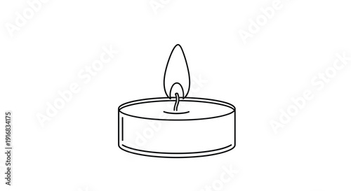Outline drawing of a small tealight candle in a shallow metal cup with a single burning flame and wick for meditation themes.