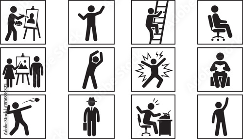 People activity silhouette icon set, painting working reading climbing celebrating diverse daily actions