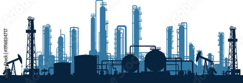 Silhouetted industrial landscape features multiple towering refinery distillation columns and oil pumpjacks against a light background horizon.
