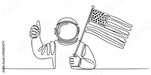Astronaut Gives Thumbs Up Holding US Flag continuous one line drawing, cartoon astronaut in a white spacesuit holds a flag and gives a thumbs up,  Give ready sign expedition. Cosmonaut space. minimal.