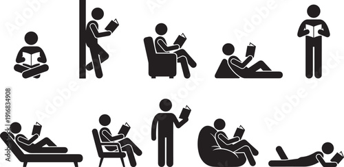 Reading people silhouette collection, various poses studying books at home library education lifestyle vector set