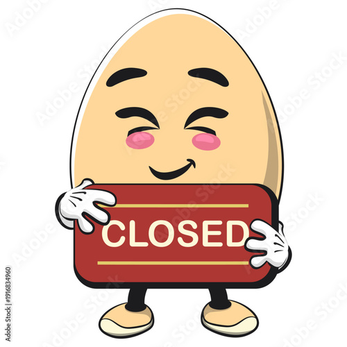 cute egg mascot character showing a sign that says closed isolated vector illustration, work of hand drawn