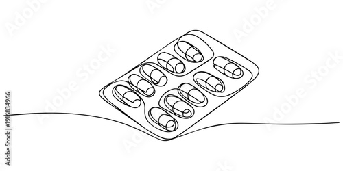Minimalist continuous line drawing of a blister pack of capsules. No editable stroke, Pills pushed from a blister pack, one line drawing. Minimalist vector for pharmacy or medical design, editable pro