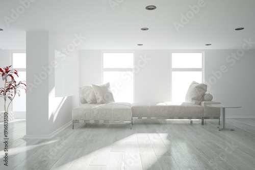 modern bright room with sofa with pillows, empty table near it, plant in flowerpot and black lamp on the ceiling interior design. 3D illustration