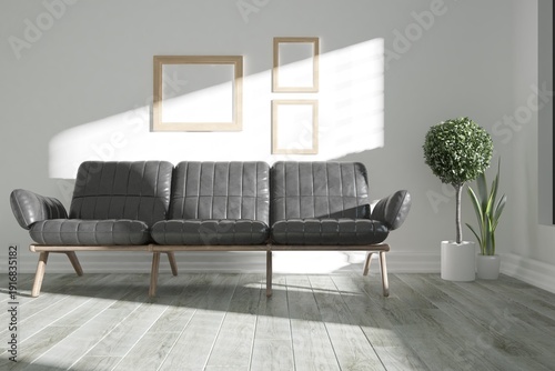 modern room with balck leather sofa and two plants in white flowerpots interior design. 3D illustration
