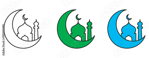 Mosque icons set, crescent moon, Islamic symbol, Ramadan, faith, religion, culture, Muslim architecture, sacred places, holy celebration, tradition, spiritual, ornamental, symbolic, religious