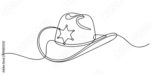 cowboy hat with sheriff badge continuous one line drawing, Sheriff black hat linear continuous drawn icon. Cowboy hat icon vector black. One line police hat icon. Linear design of panama, minimalist.