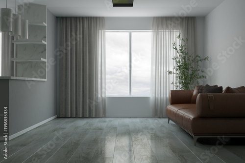 modern room with leather sofa with pillows, plants in flowerpots and a bar counter with three white lamps hanging above it interior design. 3D illustration