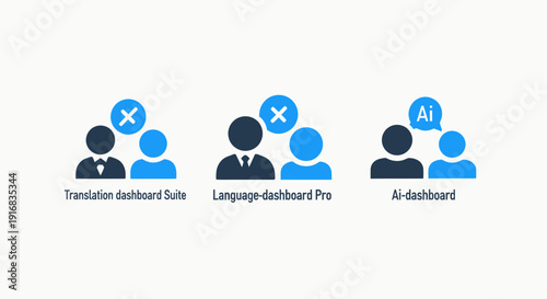 AI Language Translation, Communication Error, and Artificial Intelligence Collaboration Dashboard Icons for Global Teams