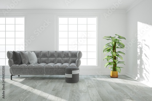 modern room with sofa with pillows, pouf and plant un yellow flowerpot near it interior design. 3D illustration