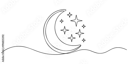 Crescent Moon with Multiple Sparkling Stars continuous one line drawing, Minimalist black crescent moon icon featuring multiple sparkling stars within its celestial curve, Concept of night sky symbols