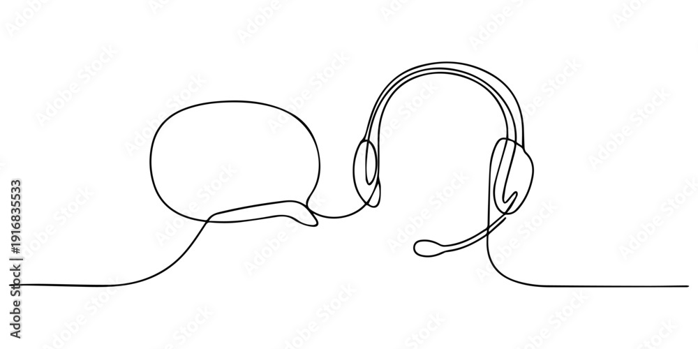 Obraz premium Customer Support Chat Bubble with Headset continuous one line drawing, continuous line drawing headset and bubble speech icon, service representative with a headset and chat bubble icon Vector, pro.