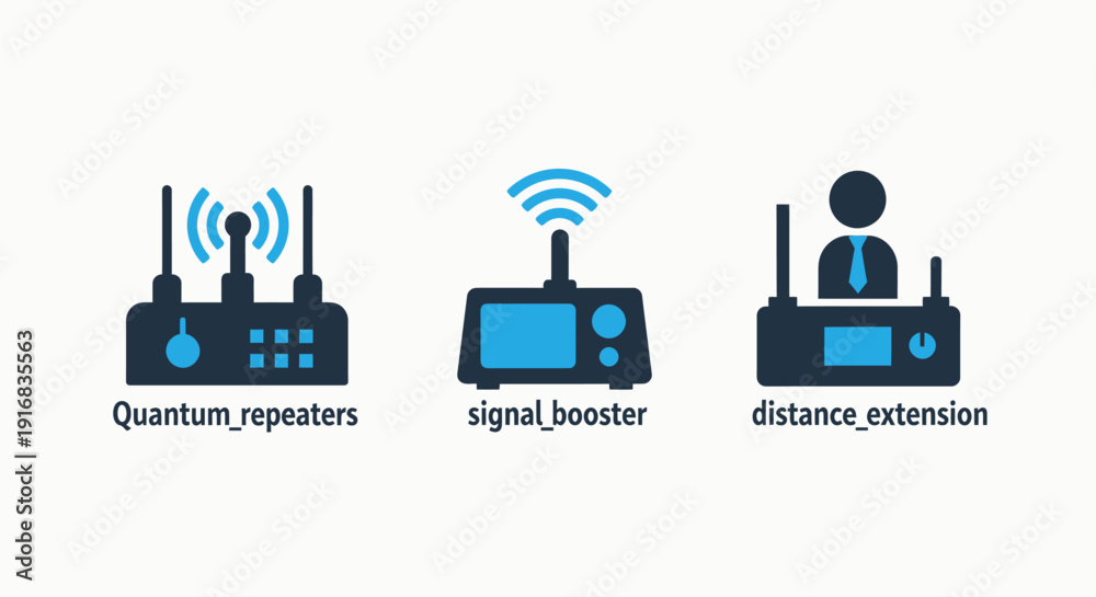 Fototapeta premium Quantum Network Communication Icons: Repeaters, Signal Boosters, and Distance Extension for Advanced Wireless Connectivity, Modern Flat Design Vector Graphic
